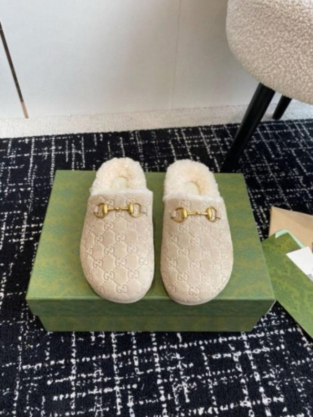 Horsebit Gucci GG Suede Shearling Mules